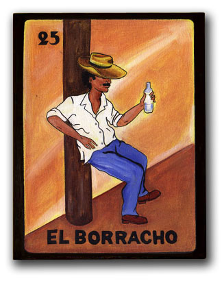 1986 Ford Bronco - A painted Lotería card artwork numbered 25 and titled "EL BORRACHO," showing a man in a straw hat and blue pants leaning against a post hol…