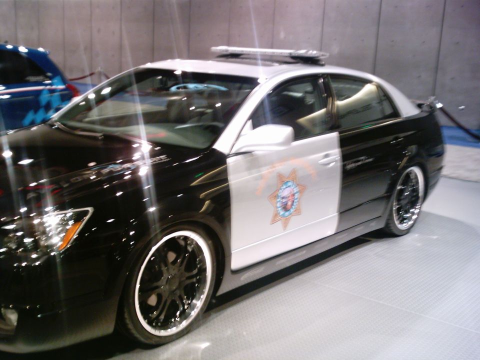Police car with black and silver two-tone paint and a light bar