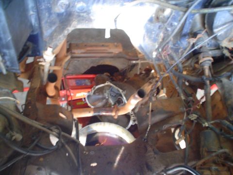 1984 Ford Bronco - The engine bay of a vehicle shows exposed mechanical parts and wiring, with a red toolbox in the background.