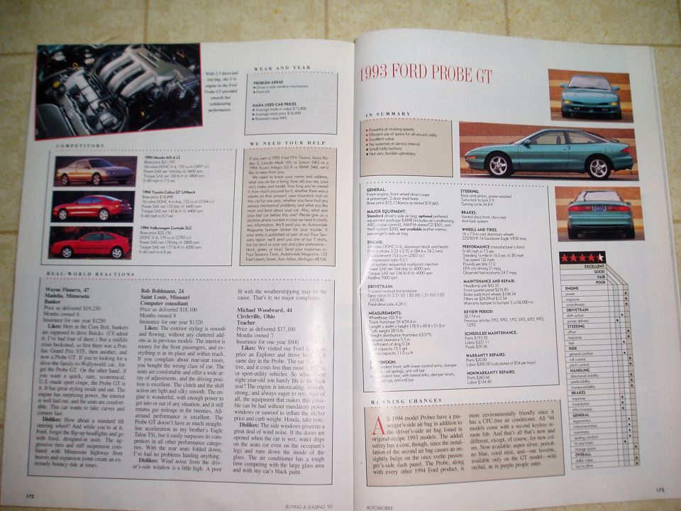 1993 Ford Probe GT magazine road test spread with specs, competitors and owner reactions