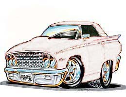 1963 Ford Fairlane - This is a cartoon drawing of a customized car with a unique front grille and a prominent hood scoop.