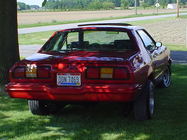 Rear view of red Ford Mustang II coupe on grass with Ohio plate DQN 7469, rural road behind