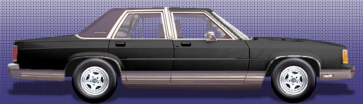 Side view of a 1991 Ford Crown Victoria LTD sedan. It has a dark body with a brown vinyl roof and chrome trim