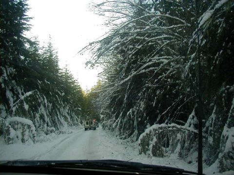 1994 Ford Explorer - A winter drive through a snow-laden forest road with two vehicles visible in the distance.