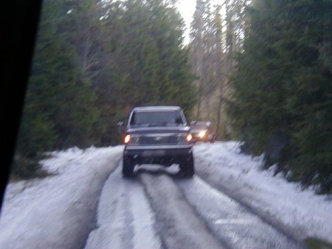 1994 Ford Explorer - A 1994 Ford Explorer drives down a snow-covered road flanked by pine trees, with another vehicle following behind.