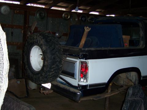 1983 Ford Bronco - Rear view of a 1980 Ford Bronco showing the quarter panel and spare tire. Interior seats are blue.