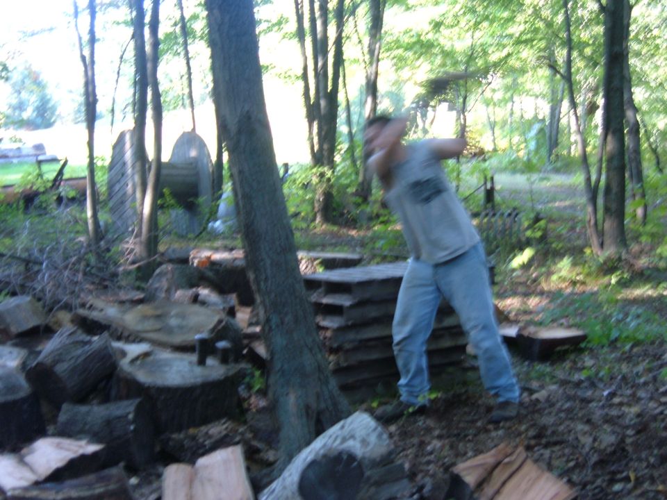 Man swinging an axe to chop wood in a forest clearing with logs and trees visible