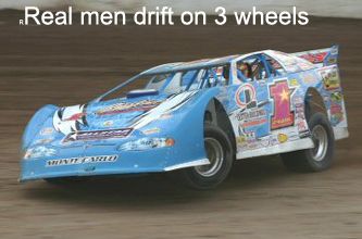 1997 Ford Crown Victoria - A race car is shown drifting on a dirt track, with its right side wheels lifted off the ground.