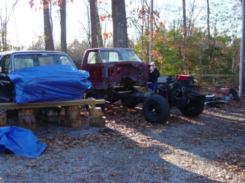 1991 Ford Bronco - New cab going on for the first time. This is to mock up the new crossmember ... it will have to come back off to be painted later.