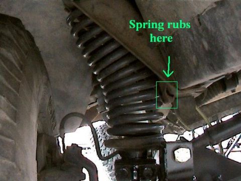 1977 Ford F-150 - This image shows a close-up view of a vehicle's suspension system, highlighting a point of contact on the coil spring.
