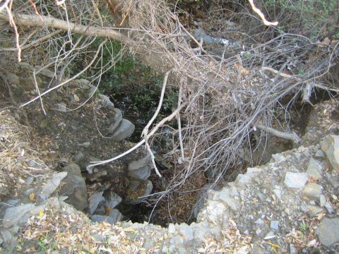 1990 Ford Bronco - deep eroded gully washout in a dry creek bed strewn with fallen branches, dead brush and exposed rocks.