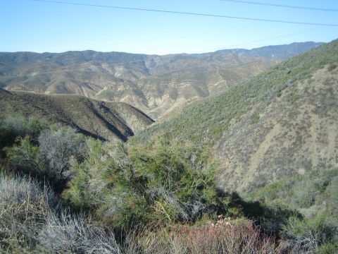 1990 Ford Bronco - scenic view across a deep brushy canyon toward distant mountain ridges, with power lines crossing the clear blue sky.