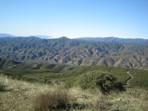 1990 Ford Bronco - Densely eroded brown mountain ridges rise beyond green brush-covered foreground hills under a clear blue sky.