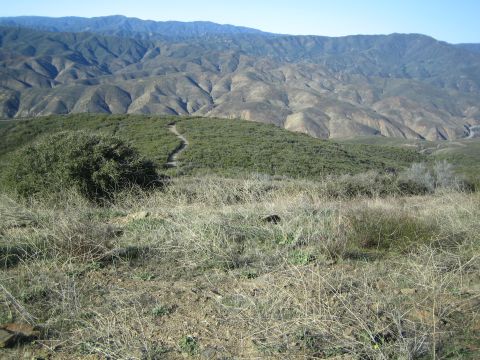 1990 Ford Bronco - narrow footpath crosses a dry grassy hill toward steep, deeply eroded brown mountains under a blue sky.