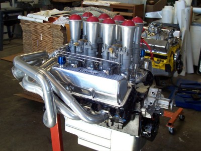 1972 Ford Ranchero - Custom V8 engine assembly with chrome valve covers and four carburetors.