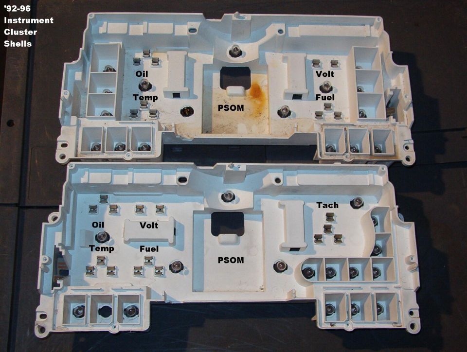 Two white instrument cluster shells labeled with Oil, Temp, Volt, Fuel, Tach and PSOM gauge positions