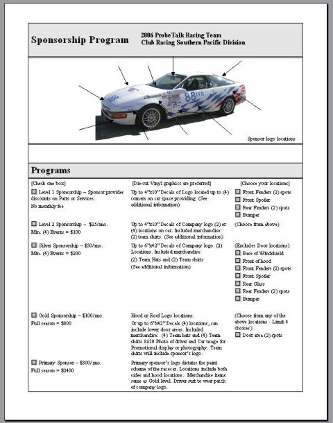 1990 Ford Probe - Sponsorship - Proposal page 1