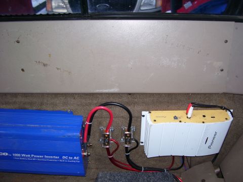 1990 Ford Ranger - Pic of amp and 1000w dc/ac inverter. Ran a 4 gauge wire up to battery with inline fuse.