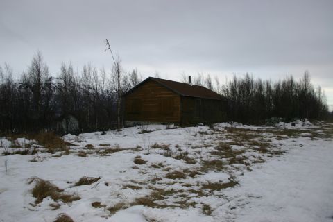 2003 Jeep TJ - A solitary wooden structure stands against a backdrop of winter trees and a cloudy sky.