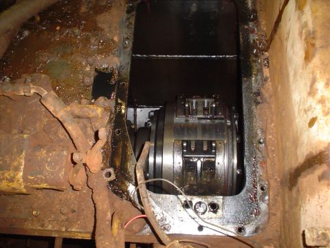 1966 International School Bus - Internal view of a machine's clutch assembly, showing wear and rust.