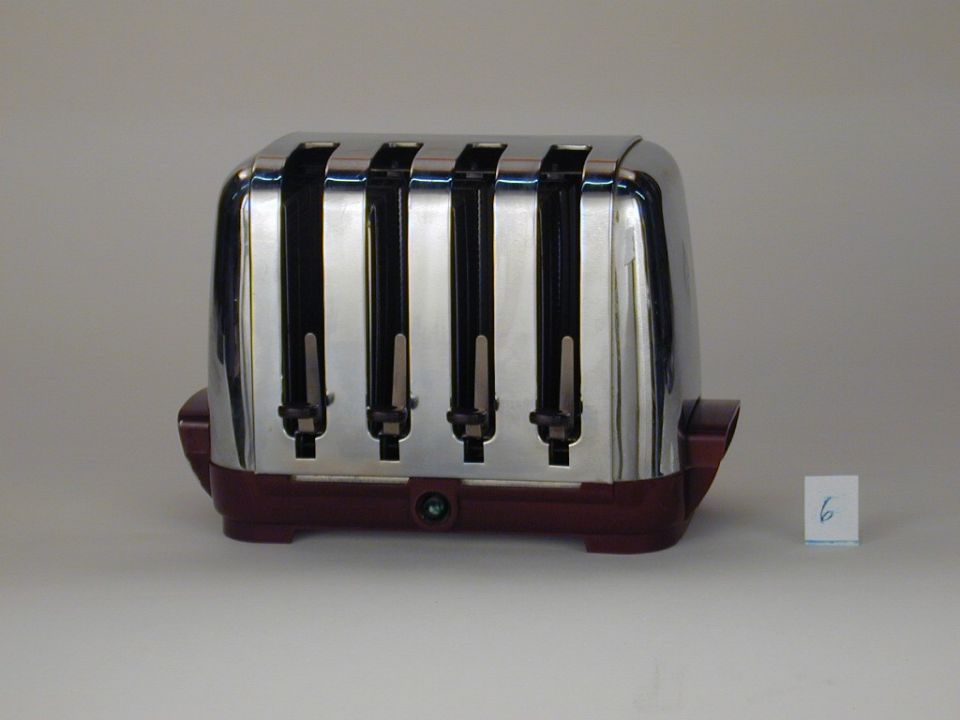 Chrome and maroon four-slice toaster