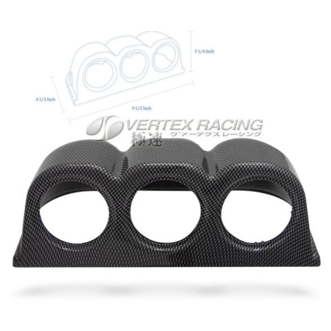 1995 Ford Bronco - Carbon fiber triple gauge pod with dimensions indicated. Features Vertex Racing branding.