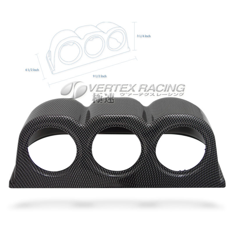 Carbon fiber look triple gauge pod product photo with dimension diagram, Vertex Racing branding