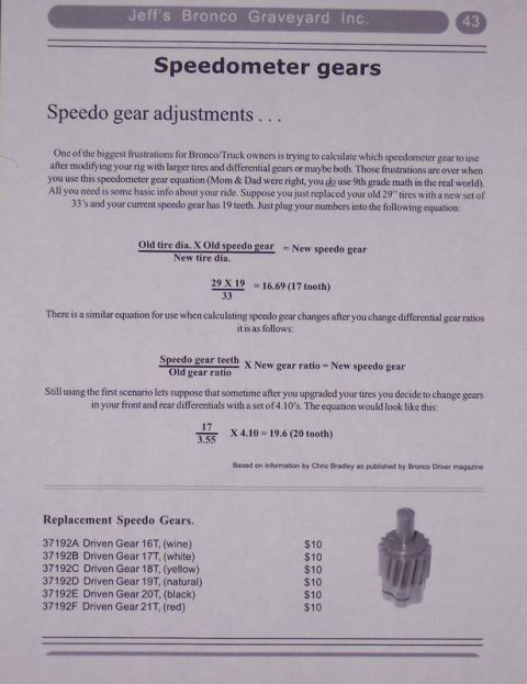 1983 Ford Bronco - Selecting Speedo Gear. Both of these charts are from Jeff's Bronco Graveyard Catalog 80 and up. I put them here for quicker lookup.