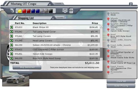 2001 Mercury Grand Marquis - A digital shopping list displays parts and prices for a Mustang GT Coupe, with a small image of the car at the bottom left.