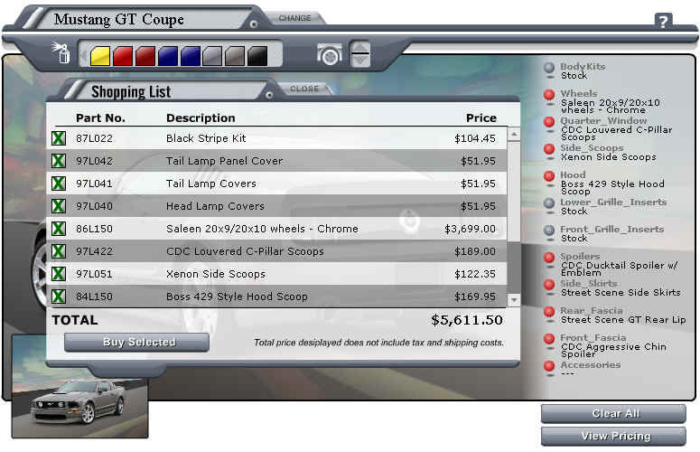 Screenshot of Mustang GT online parts configurator shopping list