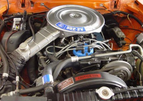 1978 Ford Mustang II - Close-up of a Ford 302-2V engine, confirming the 1978 model year.