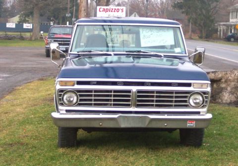 1975 Ford F-150 - This blue Ford pickup truck is parked on a grassy area next to a road. A 'For Sale' sign is visible in the windshield.