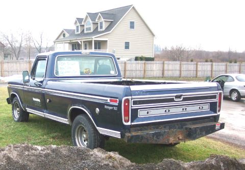 1975 Ford F-150 - This Ford pickup truck has a 'For Sale' sign in the rear window.