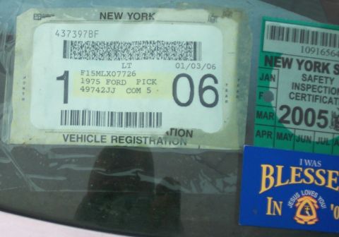 1975 Ford F-150 - Vehicle registration document for a 1975 Ford Pick, with a 2005 inspection sticker visible.