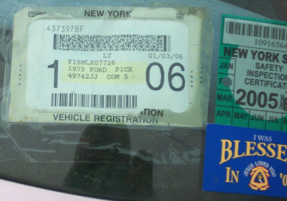 Vehicle registration document showing 1975 Ford Pick, with 2005 inspection sticker