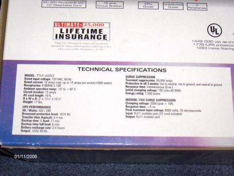 1994 Mazda MX-6 - Technical specifications document for a TM-420 model, with details on surge suppression and UPS performance.
