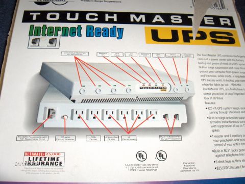 1994 Mazda MX-6 - Packaging for a TouchMaster UPS system, detailing its surge protection and battery backup features.