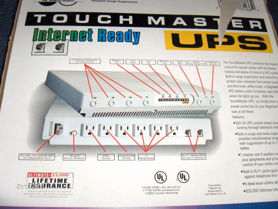 TouchMaster UPS packaging with diagram and text describing features