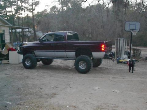 2001 Dodge 1500 - A lifted pickup truck is parked in a yard with a basketball hoop and a dog nearby.