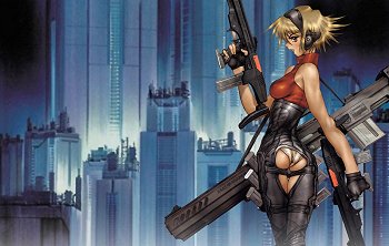 1999 Ford Taurus - This is an anime illustration a woman with firearms against a backdrop of a futuristic cityscape.