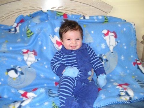 2002 Ford Taurus - A baby smiles while sitting on a blue blanket adorned with polar bears and penguins.