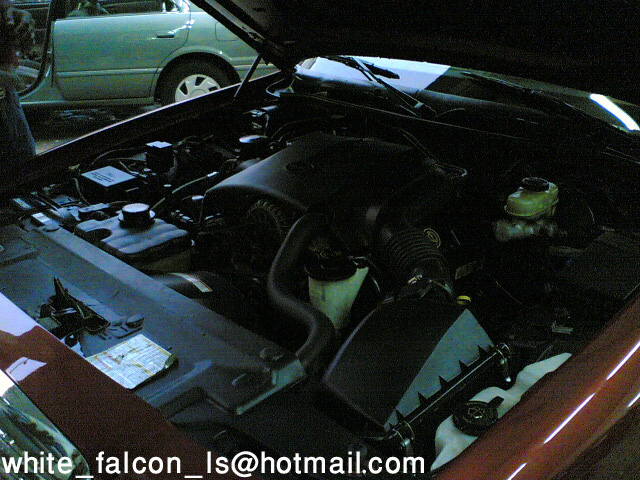 Engine bay of a car, with another car visible in the background