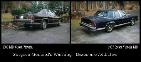 1982 Ford Crown Victoria LTD - The image displays two Ford Crown Victoria sedans, one labeled as 1982 and the other as 1987.