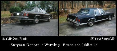 Two-panel signature image of a 1982 and a 1987 Ford LTD Crown Victoria sedan