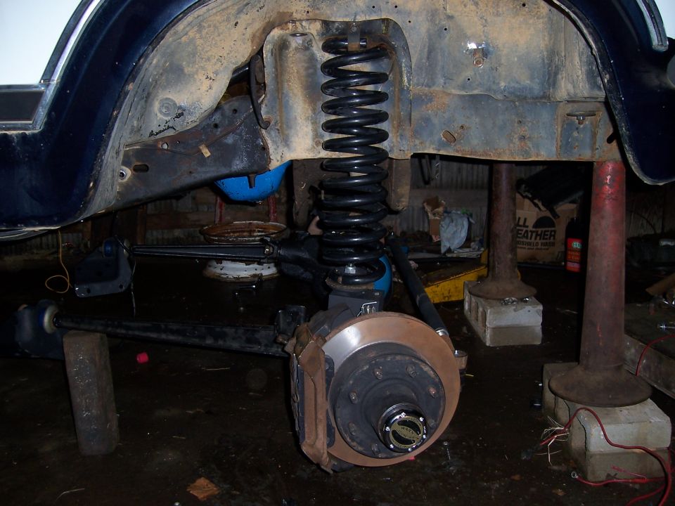 1983 Ford Bronco front axle and suspension components during a solid axle swap