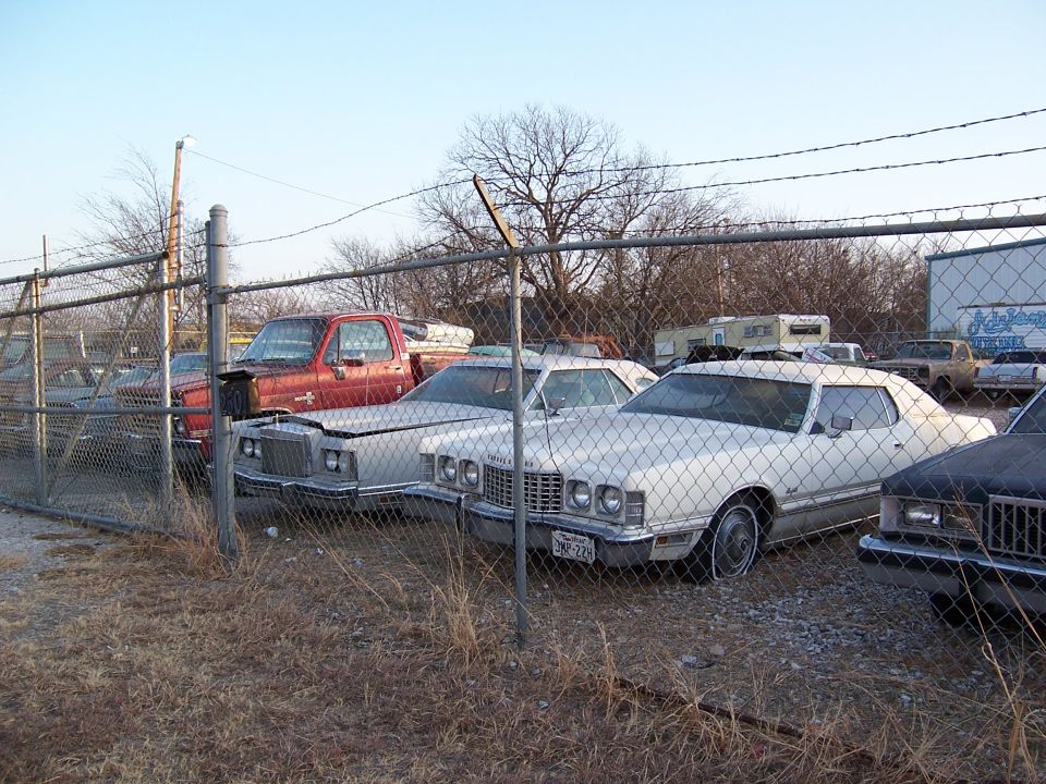 White 1977 Ford Thunderbird coupe parked behind a fence next to other cars and a red pickup truck