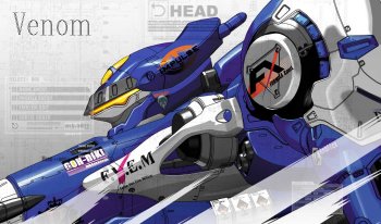 1999 Ford Taurus - A detailed illustration of a futuristic robot, labeled "Venom", with various technical markings and a prominent "SUPERMOTORS" watermark.