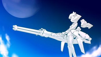 1999 Ford Taurus - A stylized white robot figure is depicted holding a large cannon, set against a backdrop of a blue sky and a distant planet.