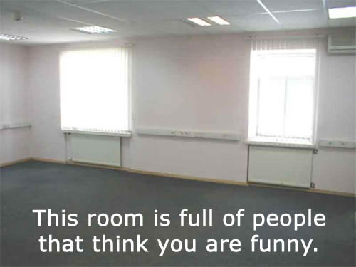 Empty office room with blinds on windows and text overlay