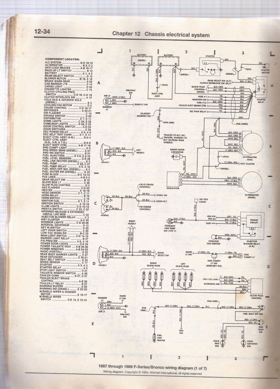 1987-1989 Ford F-Series/Bronco wiring diagram sheet 1 with component locator and battery/charging circuit